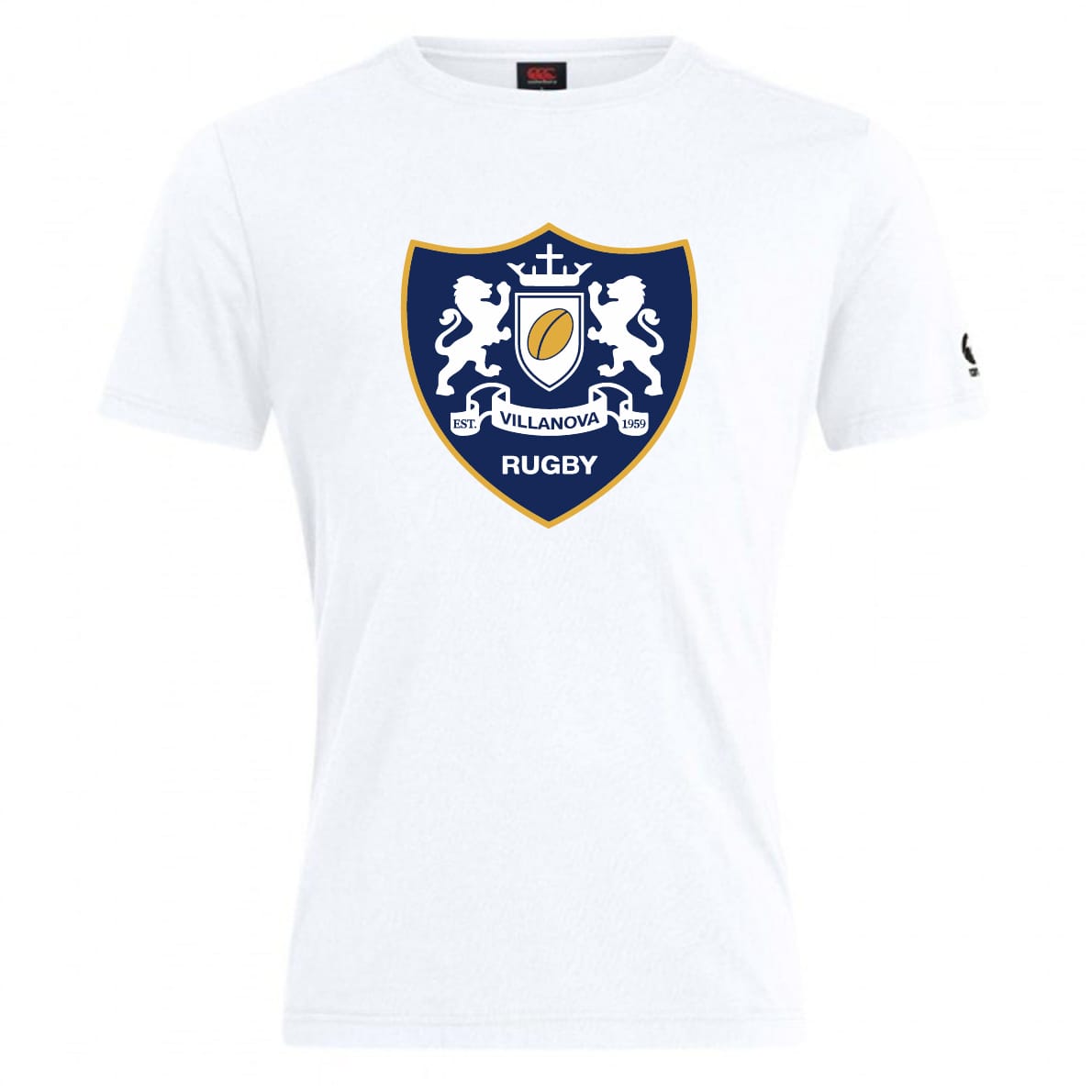 The Villanova Rugby Club Plain Tee by WRS Canterbury is a white cotton-blend t-shirt featuring a classic blue and gold crest with two lions, a crown, and "RUGBY" beneath the shield—perfect for fans seeking customization.
