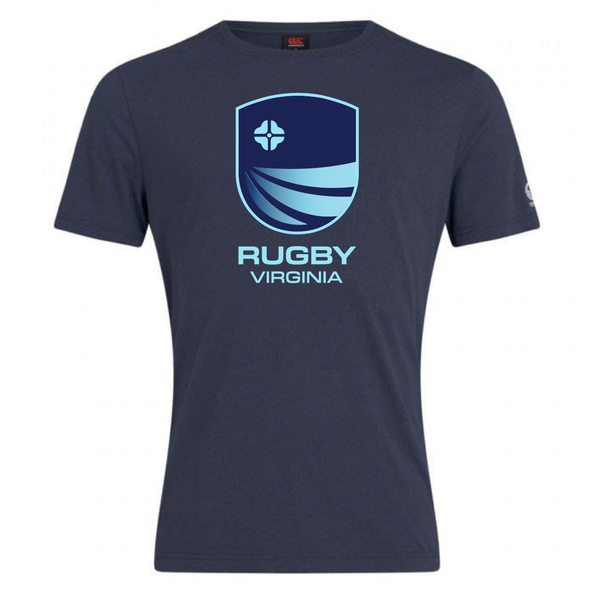 The Rugby VA Club Plain Tee by WRS Canterbury is a navy cotton blend t-shirt with a blue shield logo, white cross and wave design, and "RUGBY VIRGINIA" text on the front.
