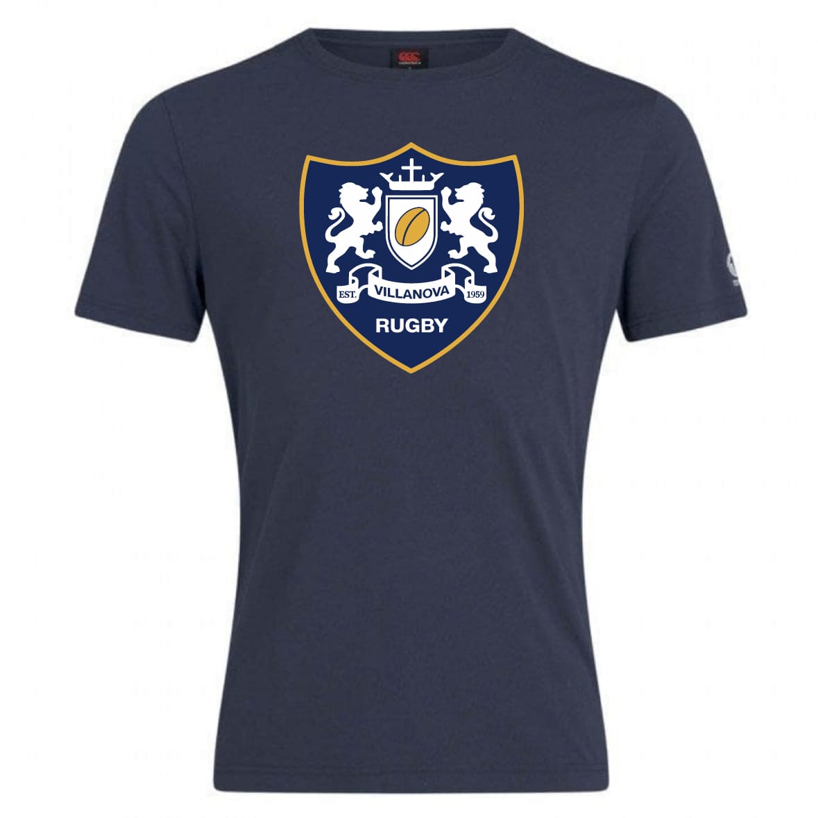 Show your team spirit in the Villanova Rugby Club Plain Tee by WRS Canterbury, a navy blue cotton blend shirt featuring the club’s logo with two lions, a shield, and "RUGBY" printed on the front; customizable for your squad.
