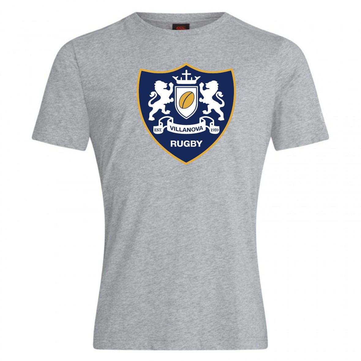 The Villanova Rugby Club Plain Tee by WRS Canterbury is a gray cotton blend t-shirt with a crest of two lions, shield, "VILLANOVA," and "RUGBY" below—ideal for fans who want comfort and team spirit.