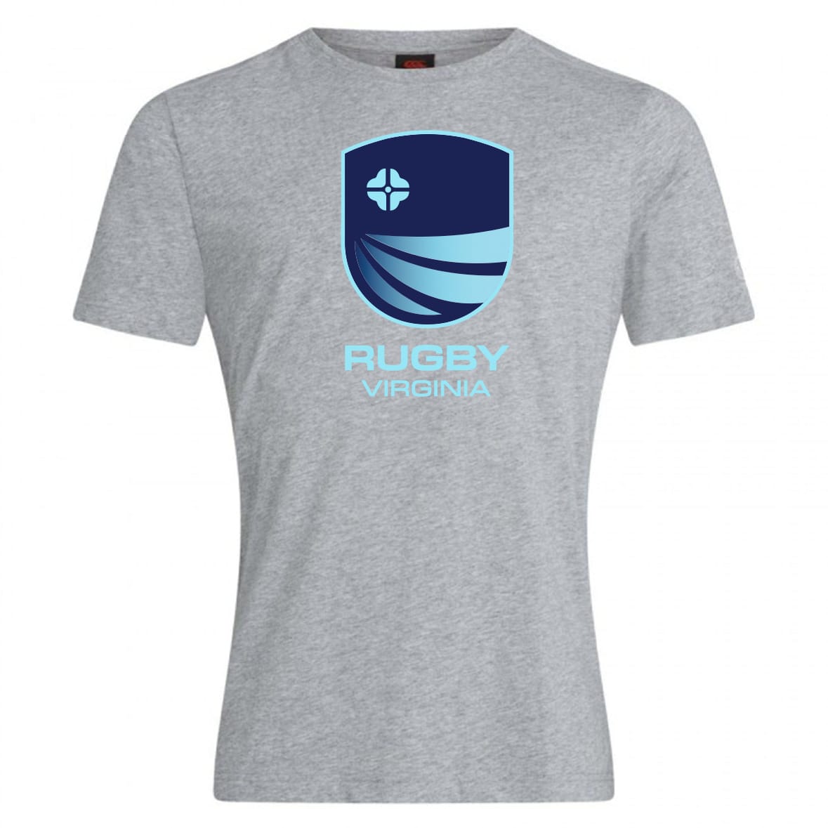 The Rugby VA Club Plain Tee by WRS Canterbury is a gray short-sleeve cotton blend shirt with a blue rugby logo and "Rugby Virginia" on the chest—ideal for customizing and showing your team spirit.