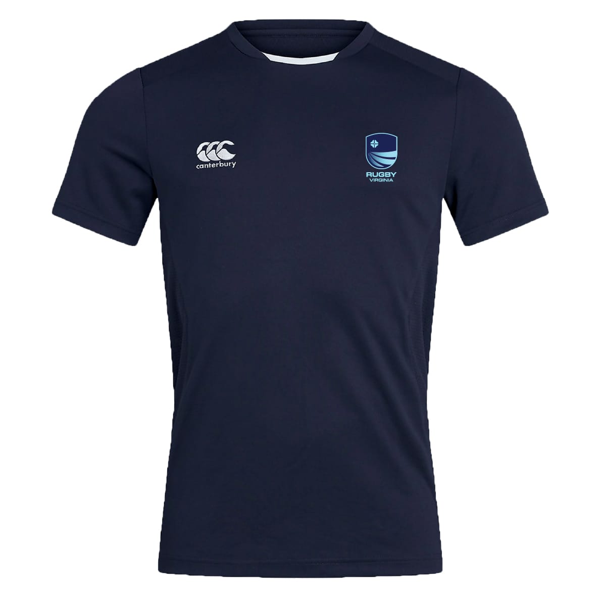 The Rugby VA Club Dry Tee by EMB Canterbury is a navy short-sleeve workout tee featuring Vapodri Technology, a white "Canterbury" logo on the right chest, and a blue Rugby crest on the left chest.