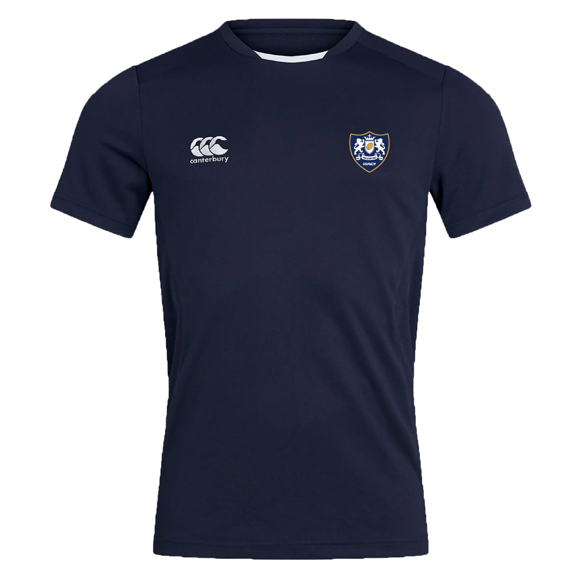 The Villanova Rugby Club Club Dry Tee by EMB Canterbury is a navy blue short sleeve shirt with Vapodri Technology, a white Canterbury logo on the right chest, and a blue and white crest on the left—perfect for workouts.