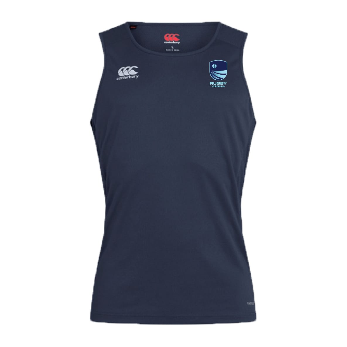 The Rugby VA Club Dry Singlet by EMB Canterbury is a navy sleeveless athletic shirt with Canterbury and rugby emblems, featuring Vapodri Technology for superior comfort—an ideal addition to your athletic gear collection.