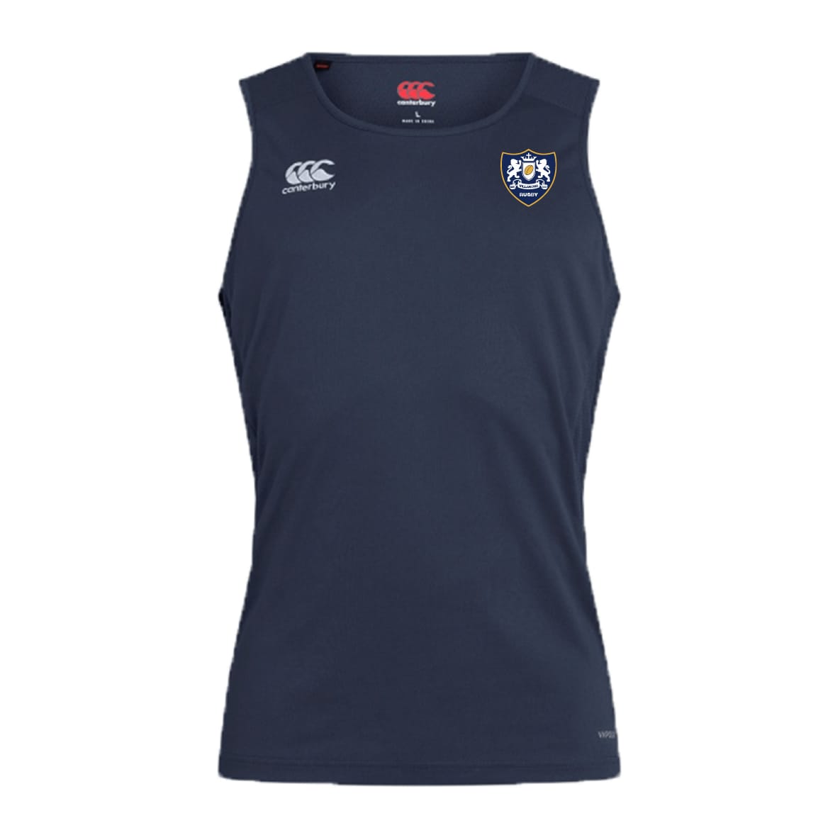 The Villanova Rugby Club Club Dry Singlet by EMB Canterbury is a sleeveless navy top with Vapodri Technology, a white Canterbury logo on the right chest, and a two-lion crest on the left—ideal for high-performance play.