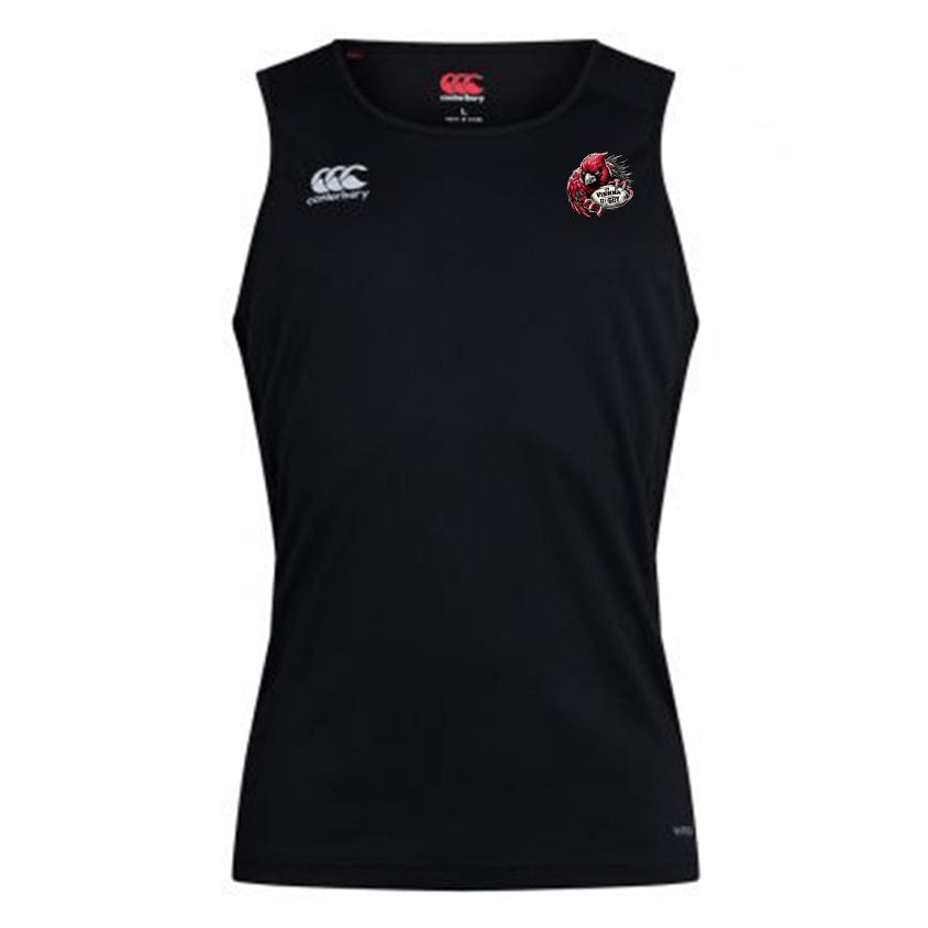 The Vienna Rugby Club Dry Singlet by EMB Canterbury is a black sleeveless singlet showcasing a red and white logo on the chest with the Canterbury brand logo on the upper right, enhanced with Vapodri Technology for optimal performance.