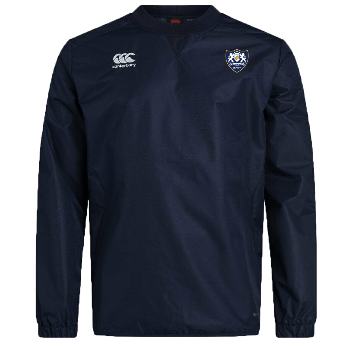 The Villanova Rugby Club Vaposhield Contact Top by EMB Canterbury is a navy blue long-sleeve with water-repellent tech, a white Canterbury logo on the right chest, and an embroidered shield crest on the left.