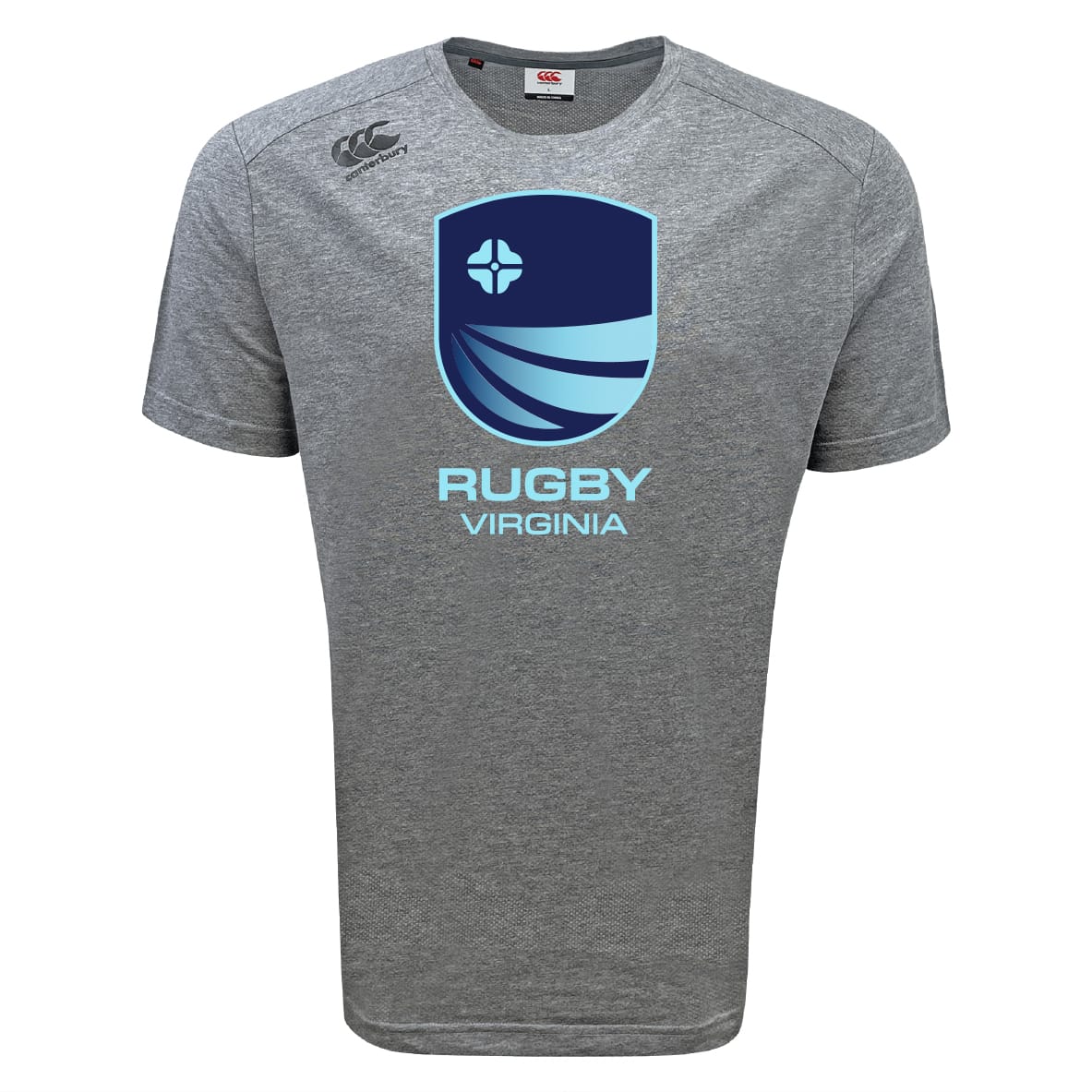 The Rugby VA Tempo Vapodri T-Shirt by WRS Canterbury is a gray athletic tee with short sleeves, a blue Rugby Virginia logo on the chest, and features moisture-wicking fabric for active days.