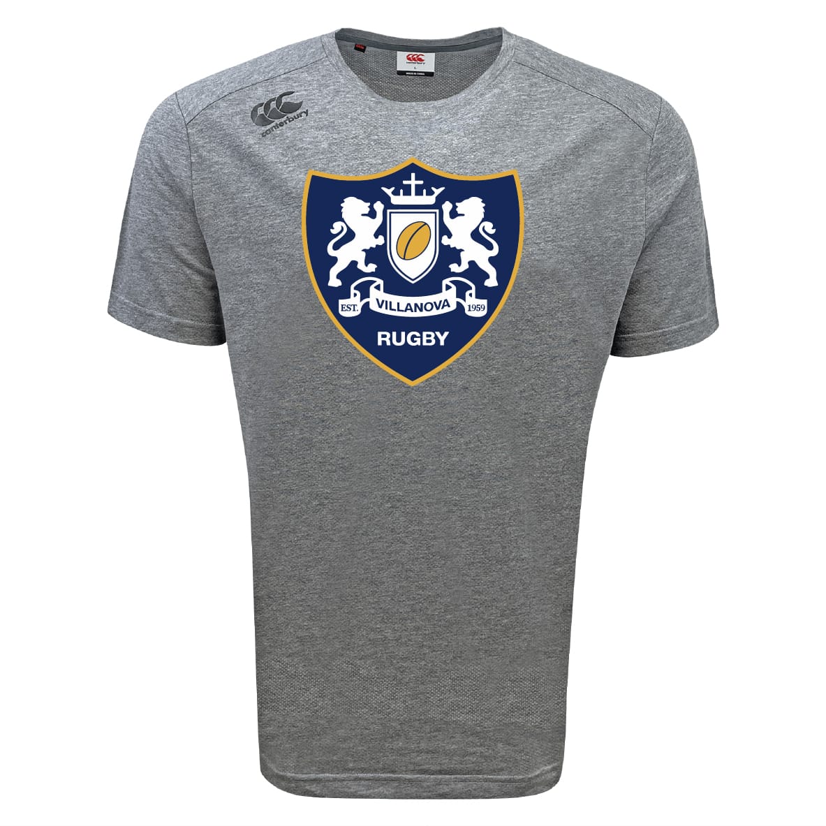 Stay cool in the WRS Canterbury Villanova Rugby Club Tempo Vapodri T-Shirt, a gray short-sleeve tee with a large crest showing two lions, shield, and rugby ball. This moisture-wicking Canterbury sports shirt keeps you comfortable.