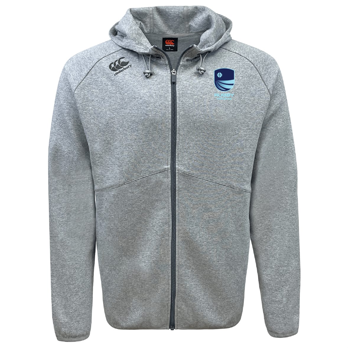 The Rugby VA Tempo Vapodri Full-Zip Hoodie by EMB Canterbury is a light gray hoodie with a hood, drawstrings, and two embroidered chest logos, shown on a white background.