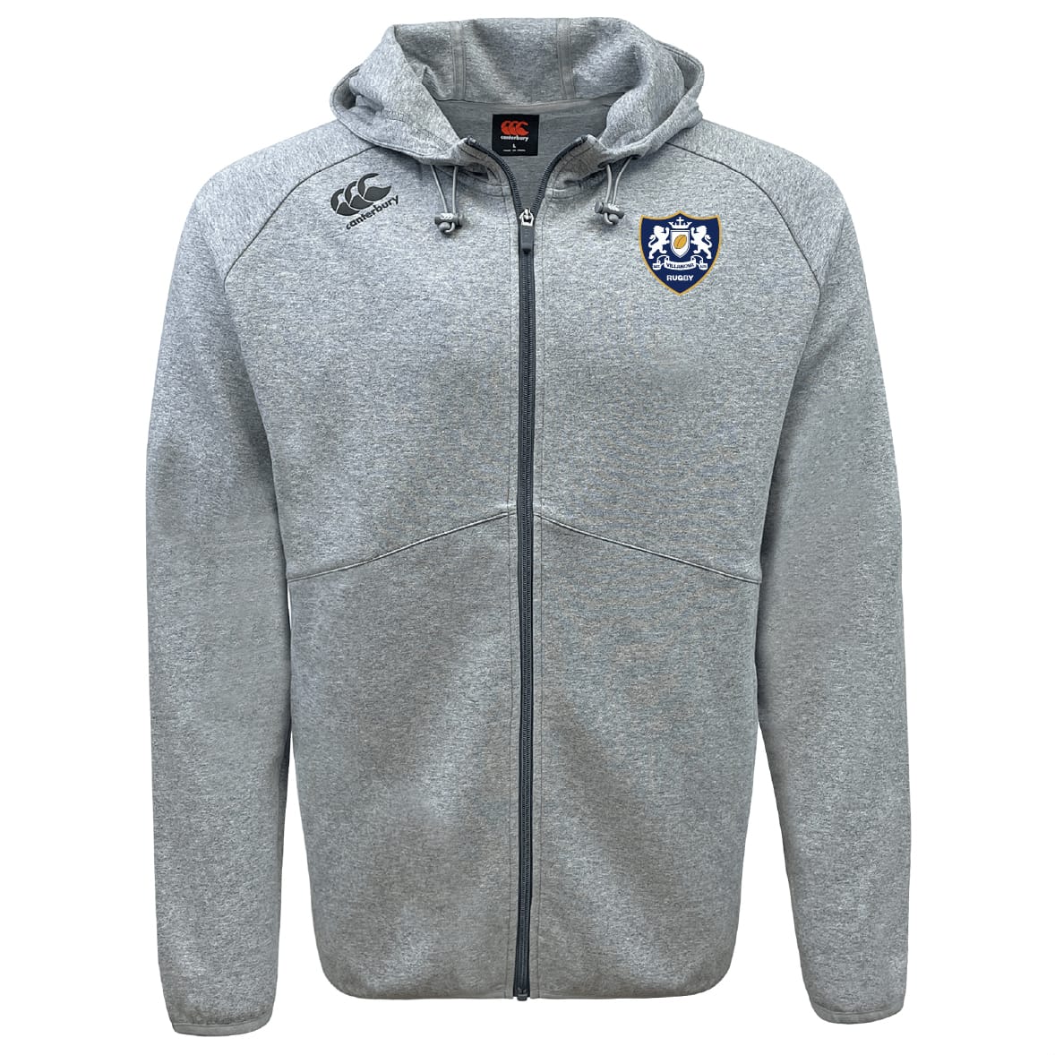 The Villanova Rugby Club Tempo Vapodri Full-Zip Hoodie by EMB Canterbury features a light grey color, drawstring hood, right chest Canterbury logo, blue and white crest on the left, and moisture-wicking fabric for comfort and style.