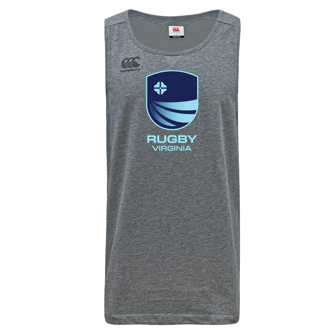The Rugby VA Tempo Vapodri Singlet by WRS Canterbury is a gray sleeveless athletic top made from recycled polyester, featuring the Rugby Virginia logo and text on the front.