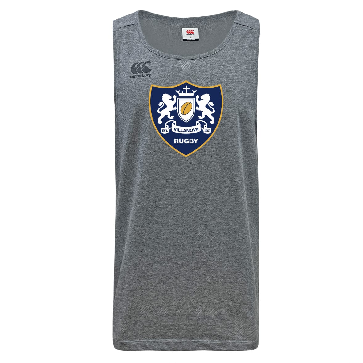 The Villanova Rugby Club Tempo Vapodri Singlet by WRS Canterbury is a gray sleeveless athletic shirt made from recycled polyester, featuring a crest with two lions and "Villanova Rugby" on the front.