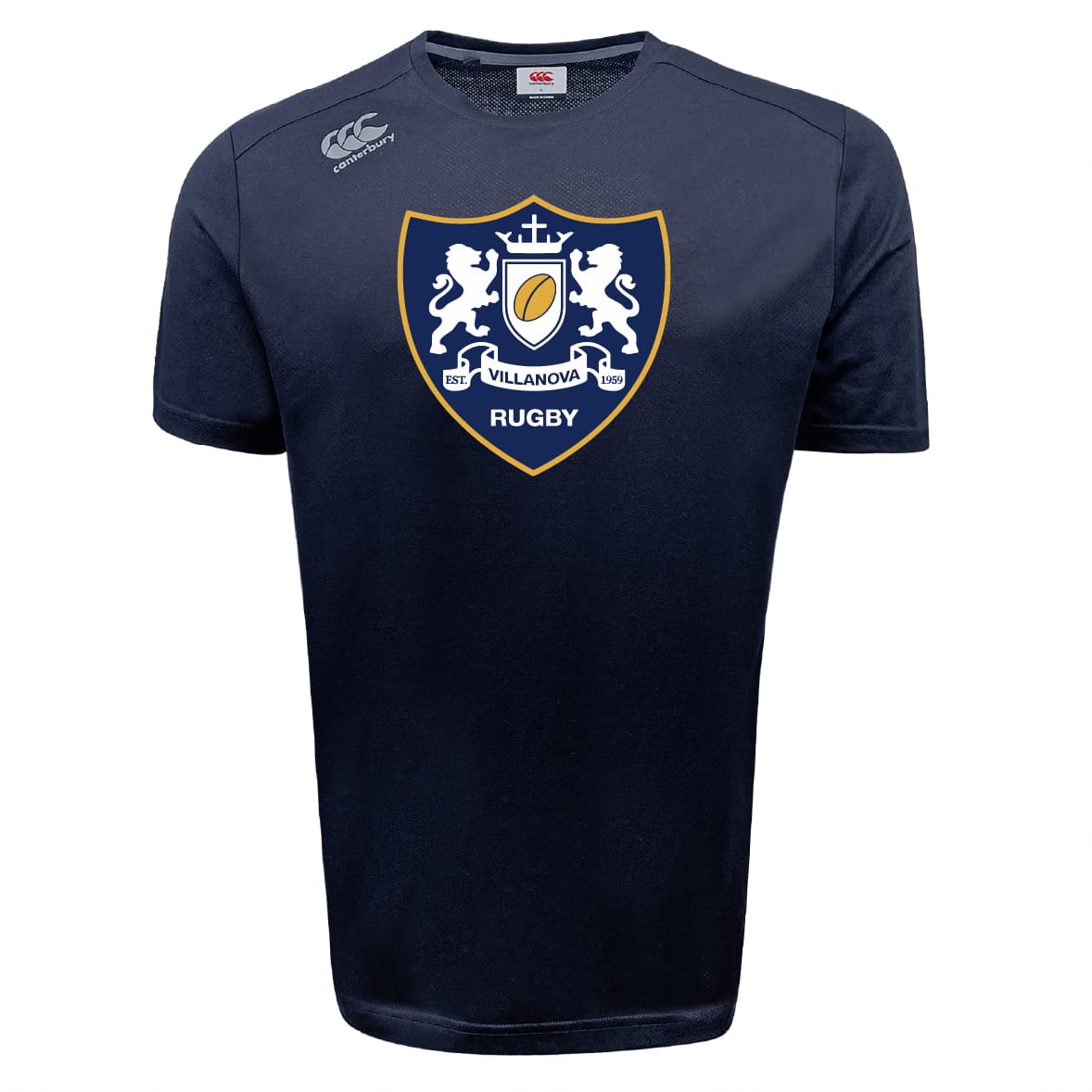 The Villanova Rugby Club Tempo Vapodri T-Shirt by WRS Canterbury features short sleeves, a "Villanova Rugby" chest crest, Canterbury logo on the shoulder, and Vapodri tech for comfort.