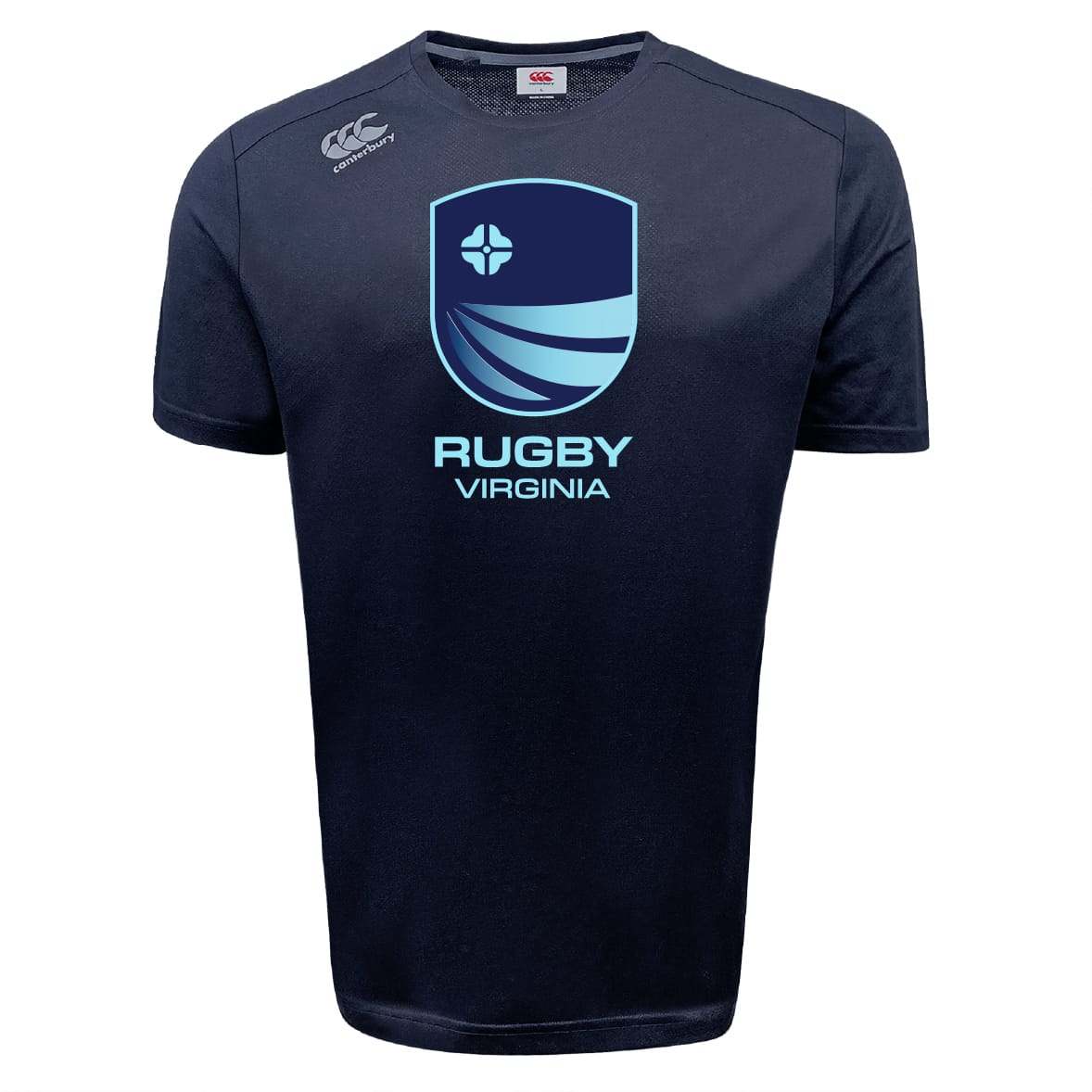 The Rugby VA Tempo Vapodri T-Shirt by WRS Canterbury features a light blue "Rugby Virginia" shield logo on navy, and its moisture-wicking fabric keeps you cool and dry during workouts.