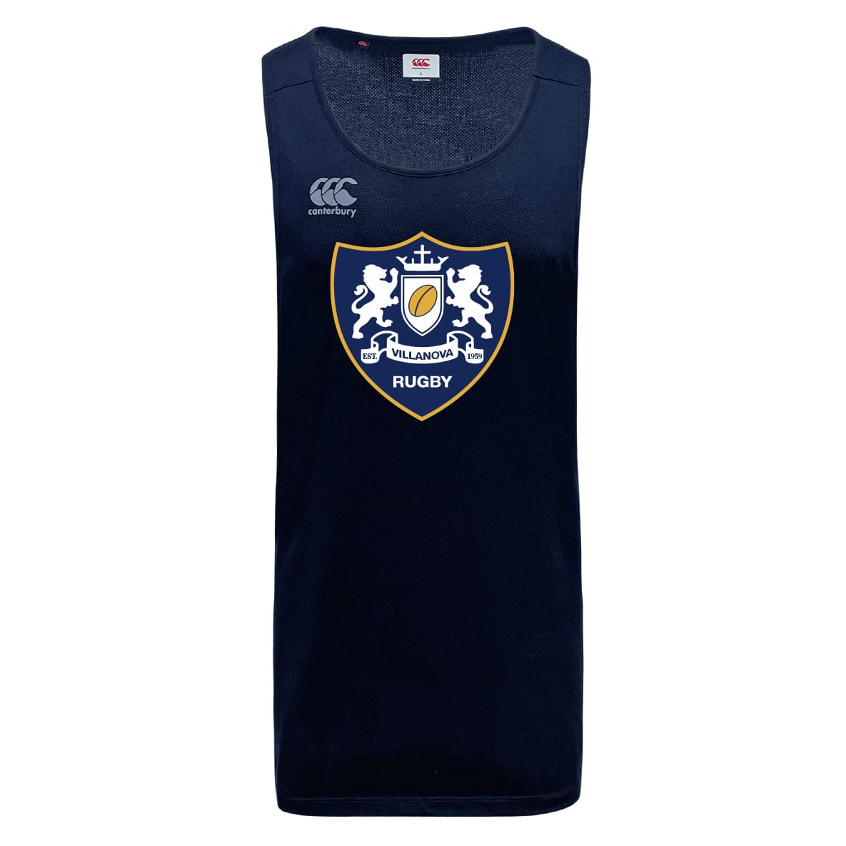 The Villanova Rugby Club Tempo Vapodri Singlet by WRS Canterbury features the club crest, two white lions on the chest, VapoDri moisture-control technology, and a Canterbury logo on the upper right.
