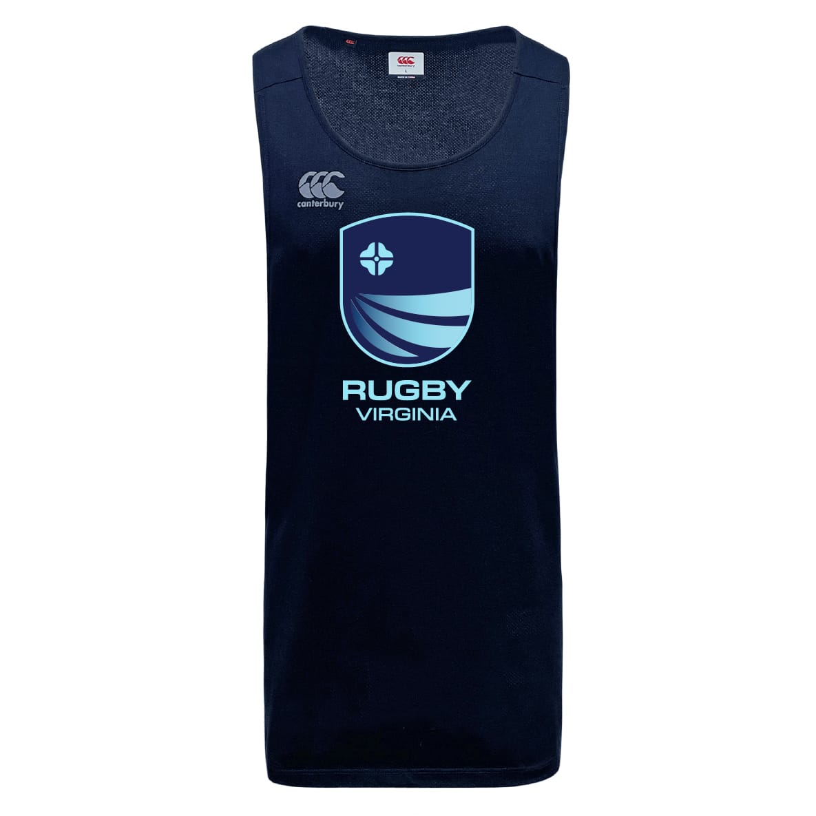 The Rugby VA Tempo Vapodri Singlet by WRS Canterbury is a navy sleeveless jersey with VapoDri tech, featuring a light blue "Rugby Virginia" logo and Canterbury branding on the chest.