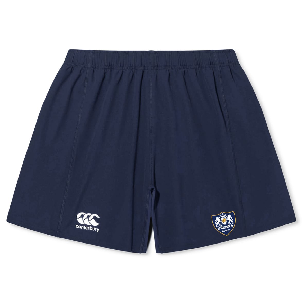 The Villanova Rugby Club Yokohama Short by EMB Canterbury is navy, with a white Canterbury logo on the left leg and sports club crest on the right, crafted from lightweight, durable fabric for all-day comfort.