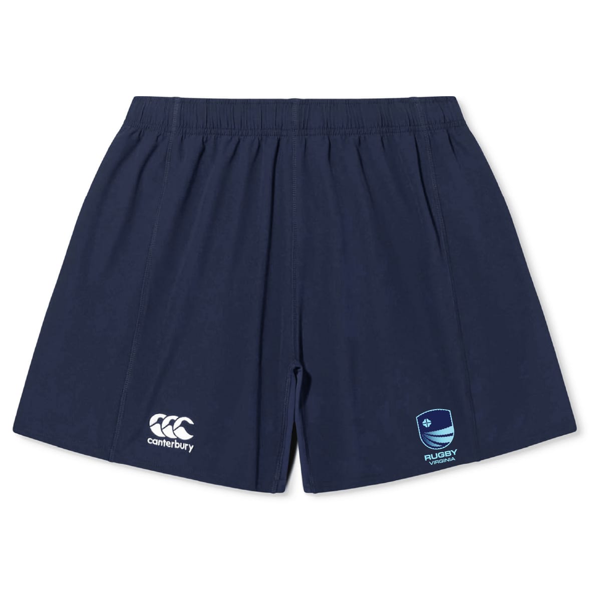 The Rugby VA Yokohama Short by Canterbury is navy blue with an elastic waistband, featuring the EMB Canterbury logo on the left leg and a Rugby World Cup 2023 logo on the right.