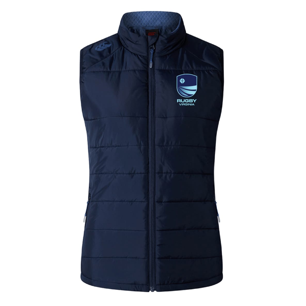 Stay warm in style with the EMB Canterbury Rugby VA Women's Elite Microlite Gilet—this navy insulated fleece vest features a front zipper, high collar, and "Rugby Virginia" logo on the left chest.