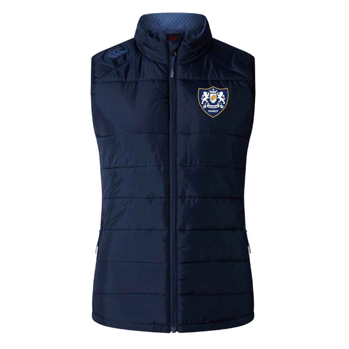The Villanova Rugby Club Women's Elite Microlite Gilet by Canterbury features a front zipper, Thermoreg bonded fleece for warmth, and a crest patch with rugby emblem on the left chest. Brand: EMB Canterbury.