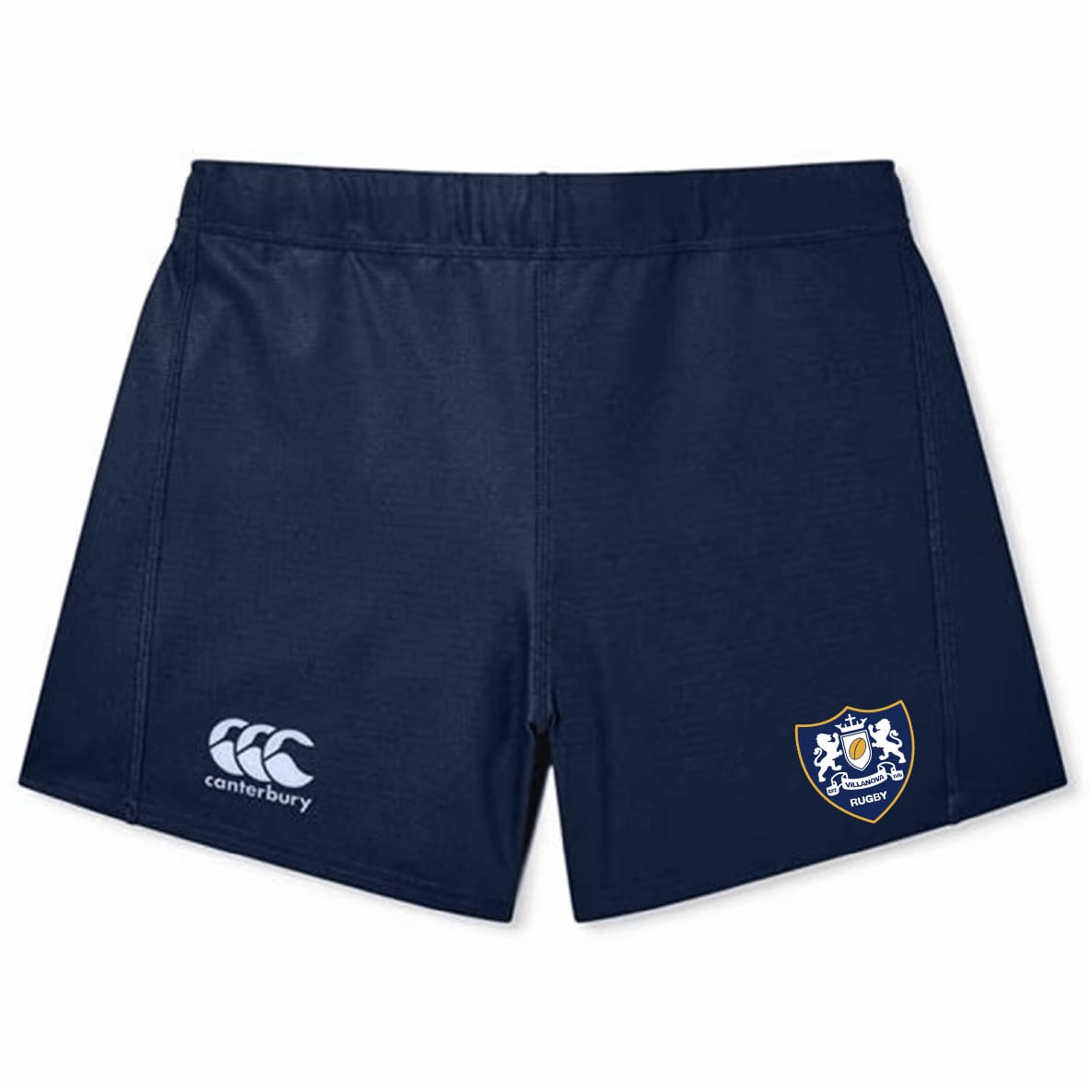 The Villanova Rugby Club Women's Elite Woven Short by EMB Canterbury features the Canterbury logo on the left leg and a blue and white crest on the right, perfect as women's gym shorts.