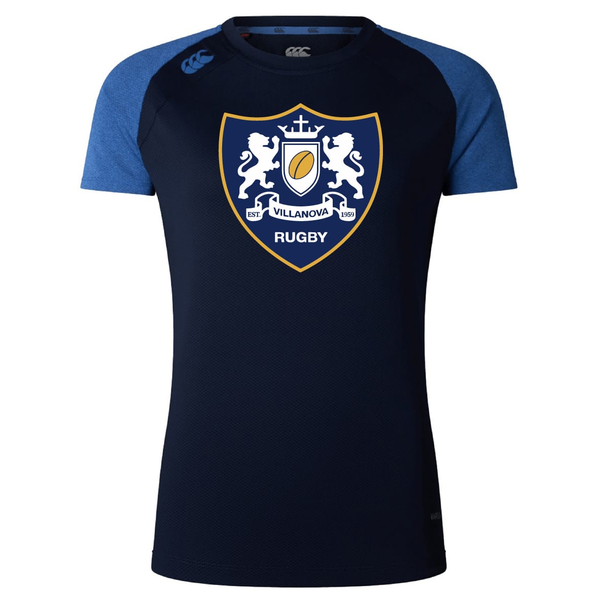 The Villanova Rugby Club Women's Elite Training Tee by WRS Canterbury features short blue sleeves, lightweight breathable fabric, and a crest with two lions, a shield, and “EST 1976.”.