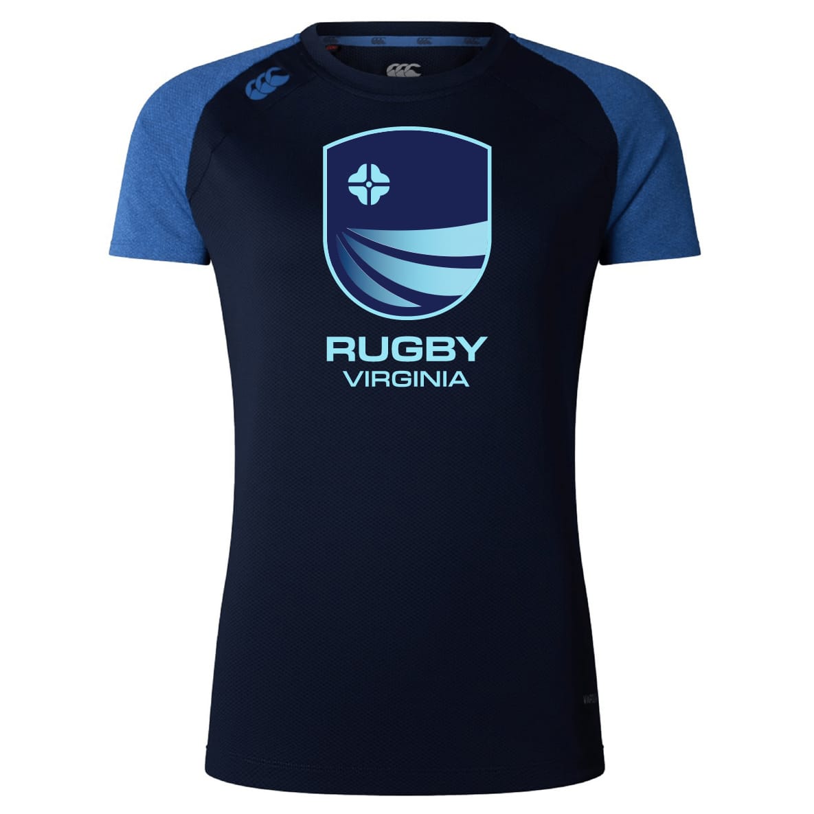 The Rugby VA Women's Elite Training Tee by WRS Canterbury features short blue sleeves and a bold "Rugby Virginia" logo with crest. Lightweight and breathable, it’s perfect for casual wear or intense training sessions.