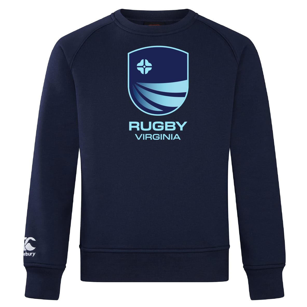 The Rugby VA Club Crew Sweatshirt by WRS Canterbury features a "Rugby Virginia" chest logo and emblem, plus an embroidered CCC logo on the left sleeve. Ultra soft for comfort and classic style.