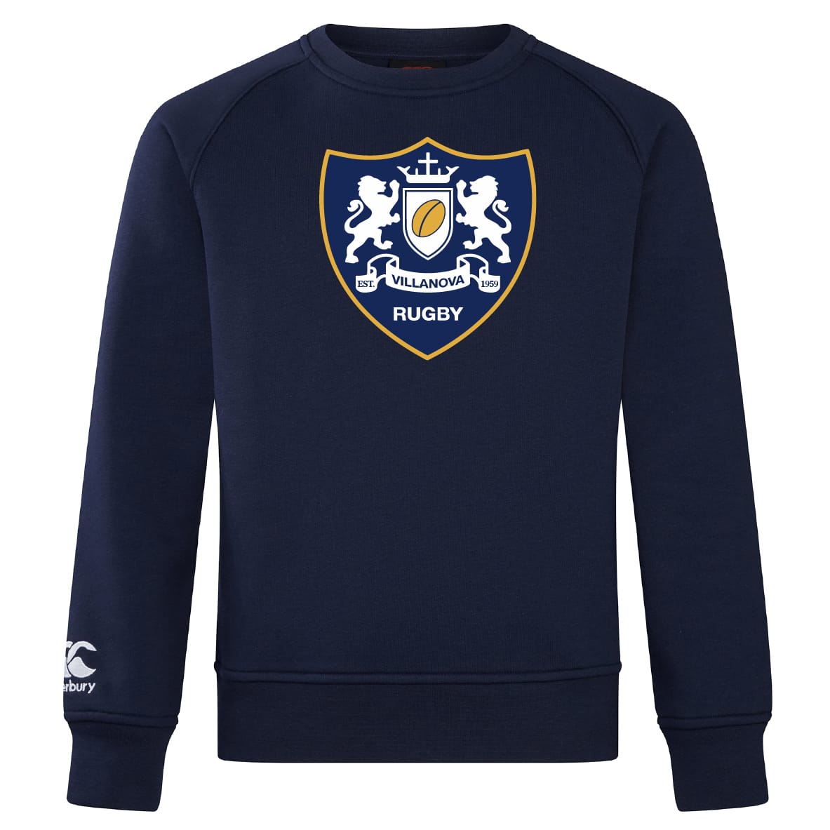 The Villanova Rugby Club Crew Sweatshirt by WRS Canterbury features a navy blue color, embroidered "Villanova Rugby" crest with two lions and shield on the chest, and a Canterbury logo on the lower sleeve for ultra-soft comfort.