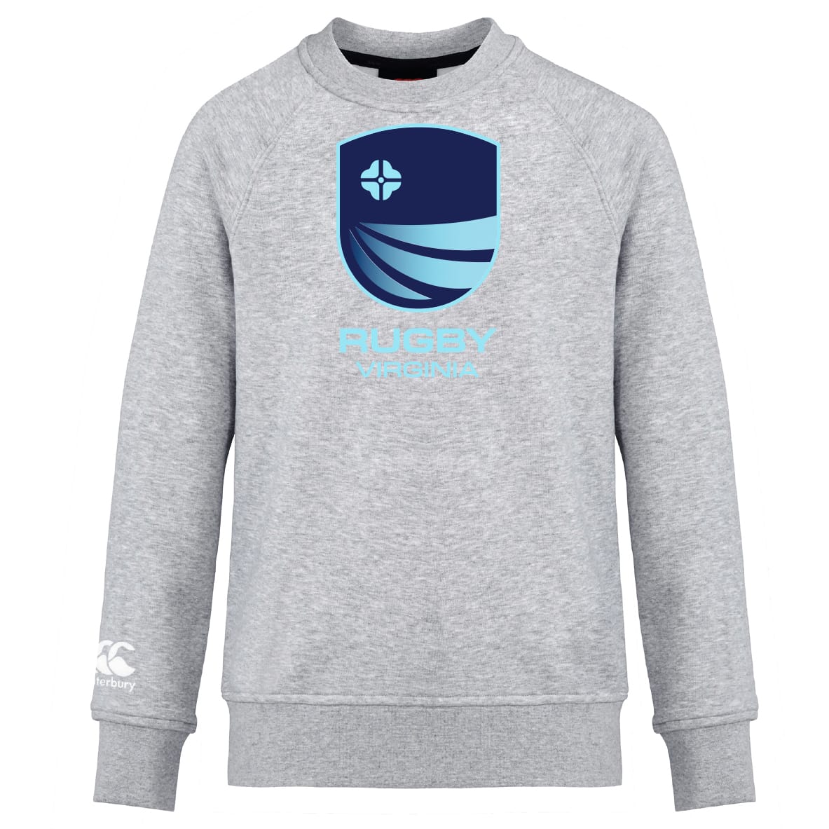The Rugby VA Club Crew Sweatshirt by WRS Canterbury features ultra-soft light gray fabric, a bold blue "Rugby Virginia" chest logo, and an embroidered CCC logo on the left sleeve.