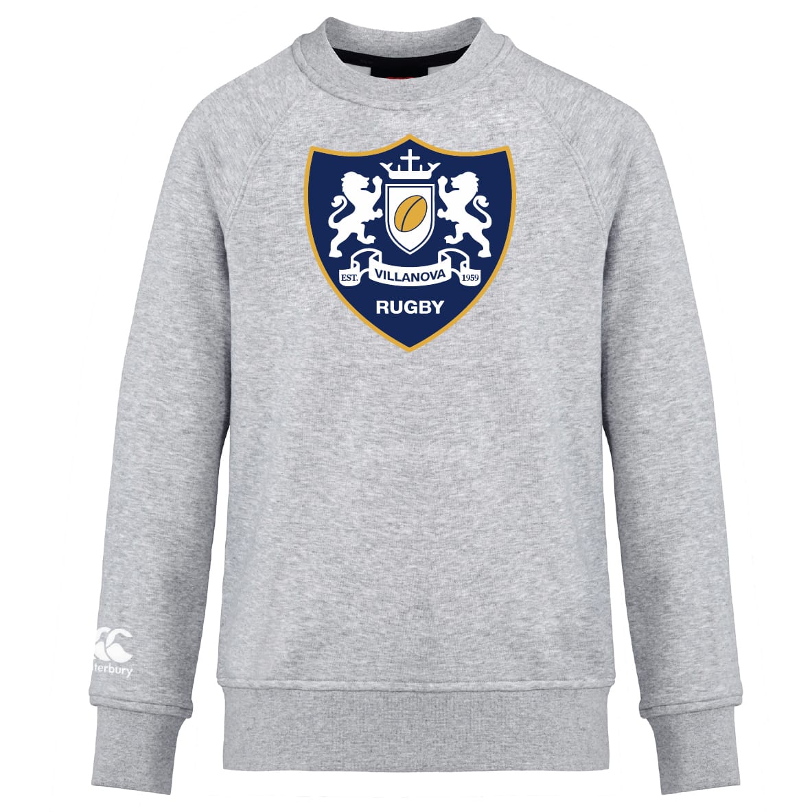 The Villanova Rugby Club Crew Sweatshirt by Canterbury from WRS Canterbury features a large embroidered Villanova Rugby crest on the front, a small Canterbury logo on the left sleeve cuff, and ultra soft fabric for comfort and style.
