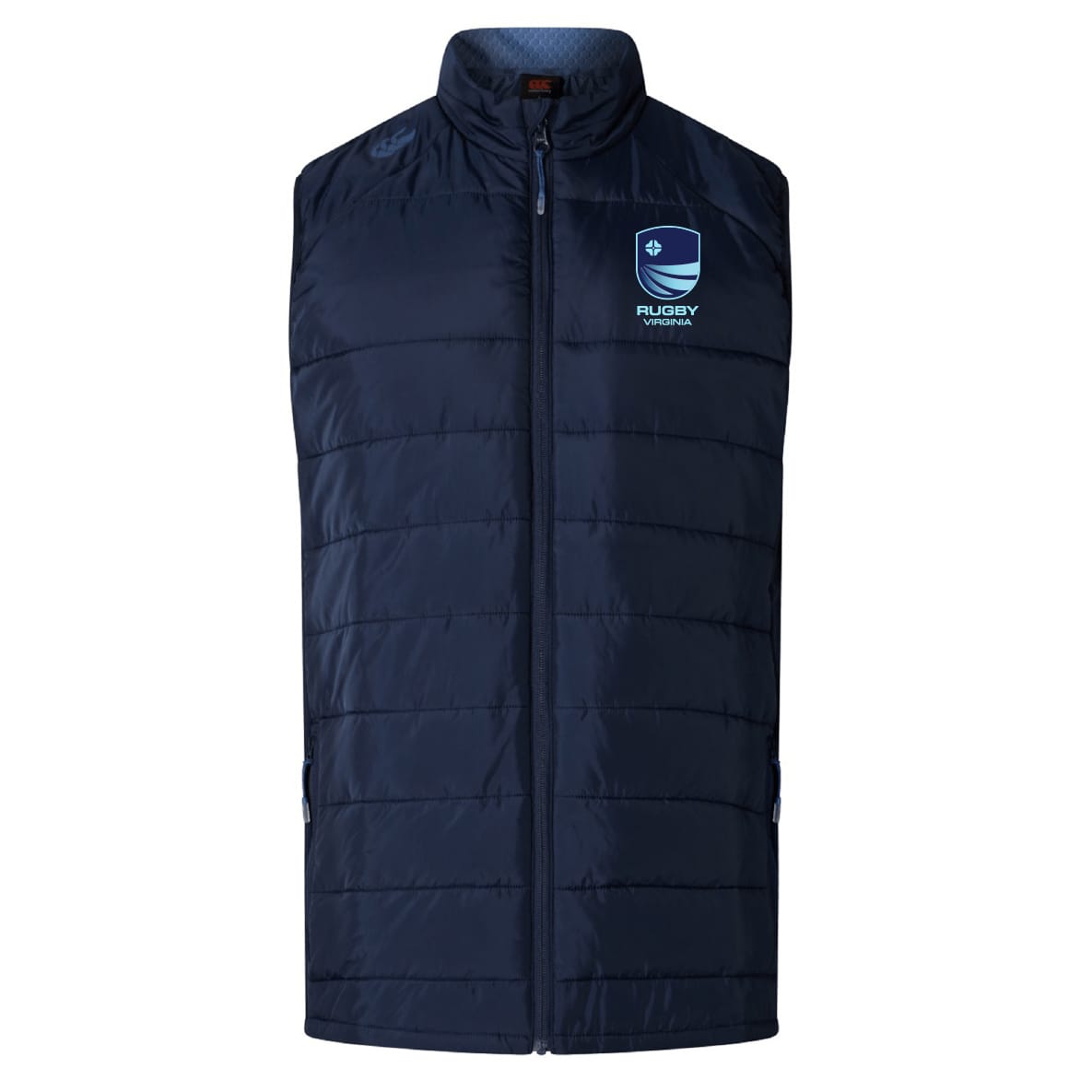 The Rugby VA Elite Microlite Gilet by EMB Canterbury is a navy blue padded vest with a front zipper and "Rugby Ireland" logo, crafted from Thermoreg fleece for warmth—an insulated hybrid inspired by the Canterbury Elite Gilet.
