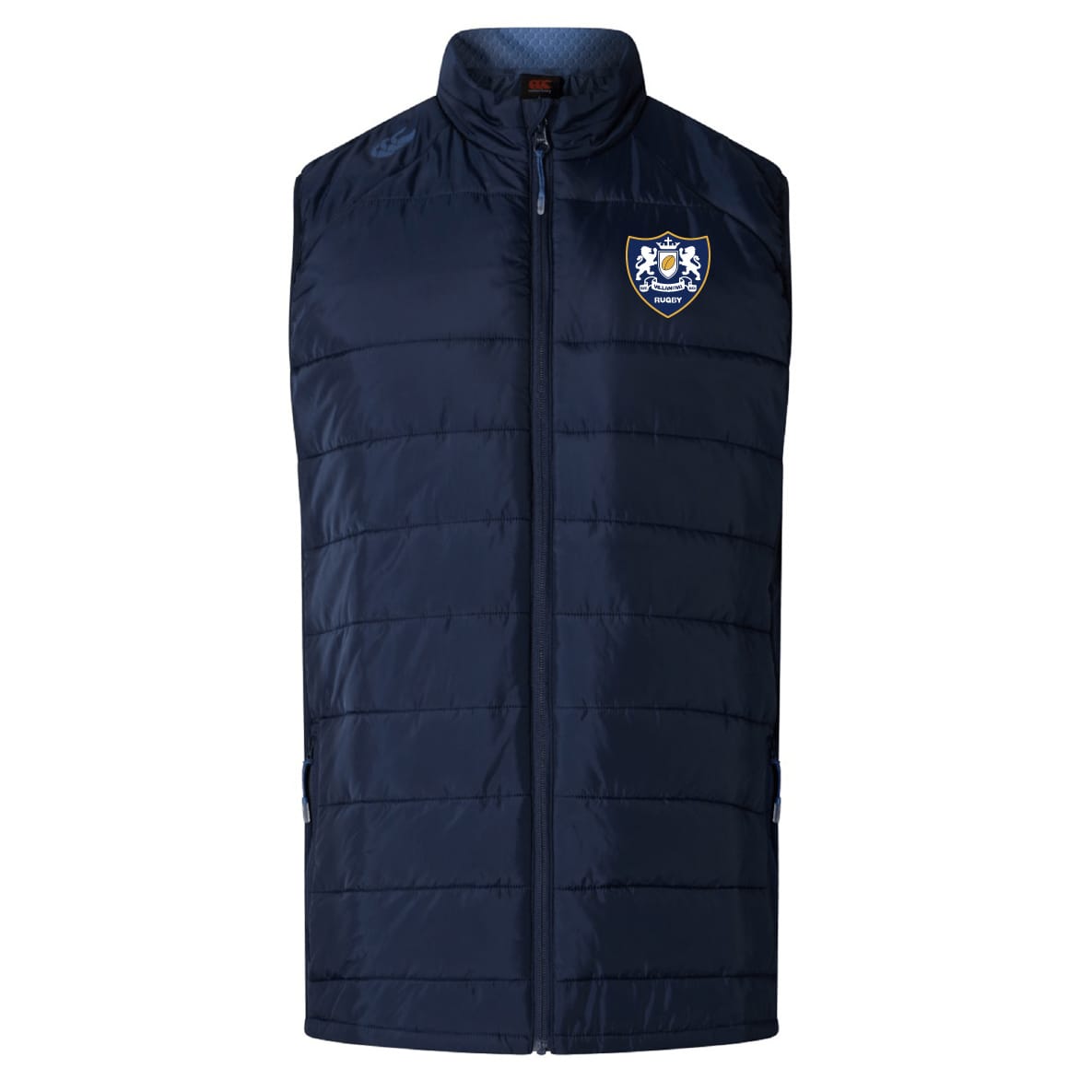 The EMB Canterbury Villanova Rugby Club Elite Microlite Gilet is a navy quilted insulated vest with a front zipper and a two-lion shield crest logo on the left chest.