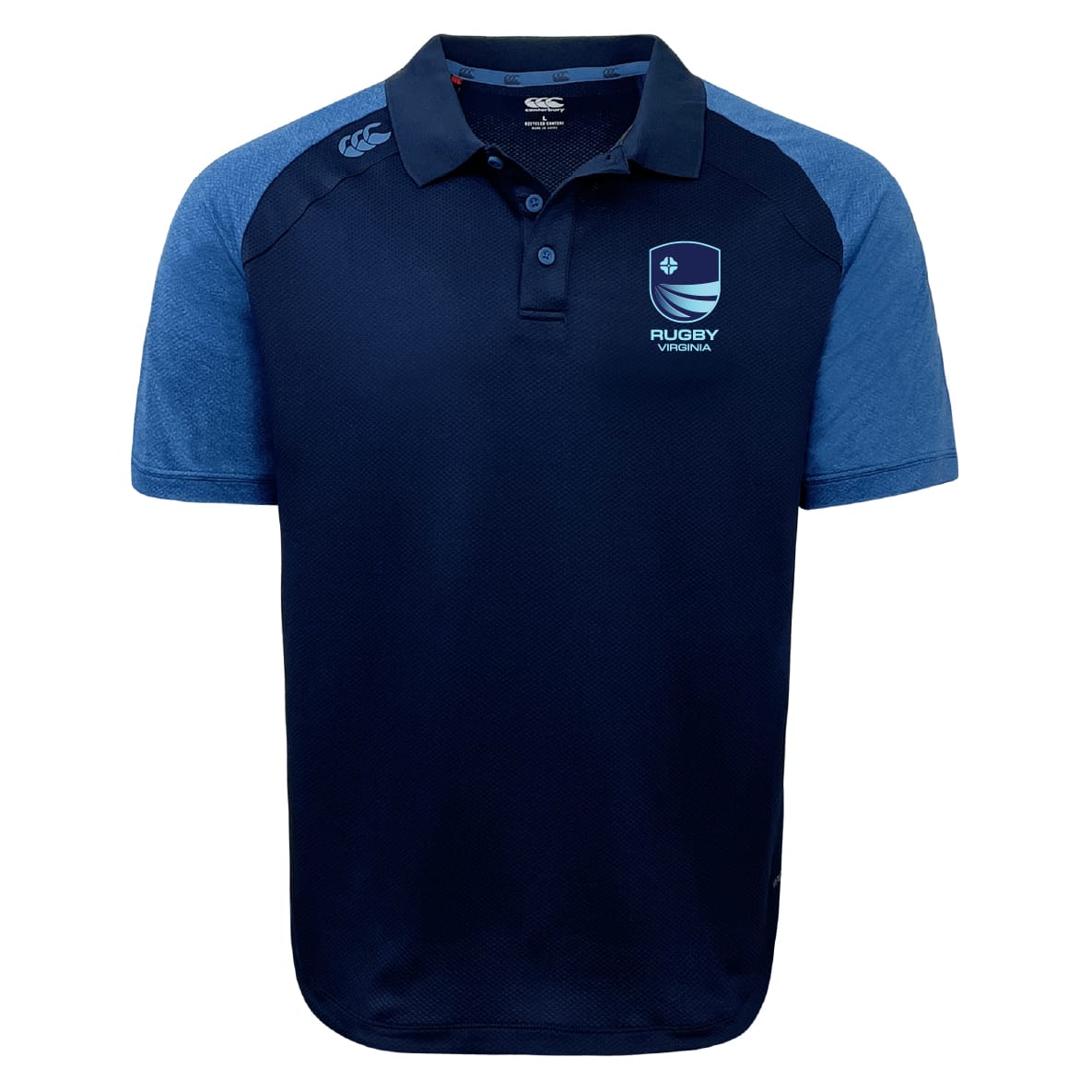 The Rugby VA Elite Polo by EMB Canterbury features navy and light blue short sleeves, a collar, Rugby Victoria chest logo, and breathable Vapodri fabric for a comfortable, lightweight fit.