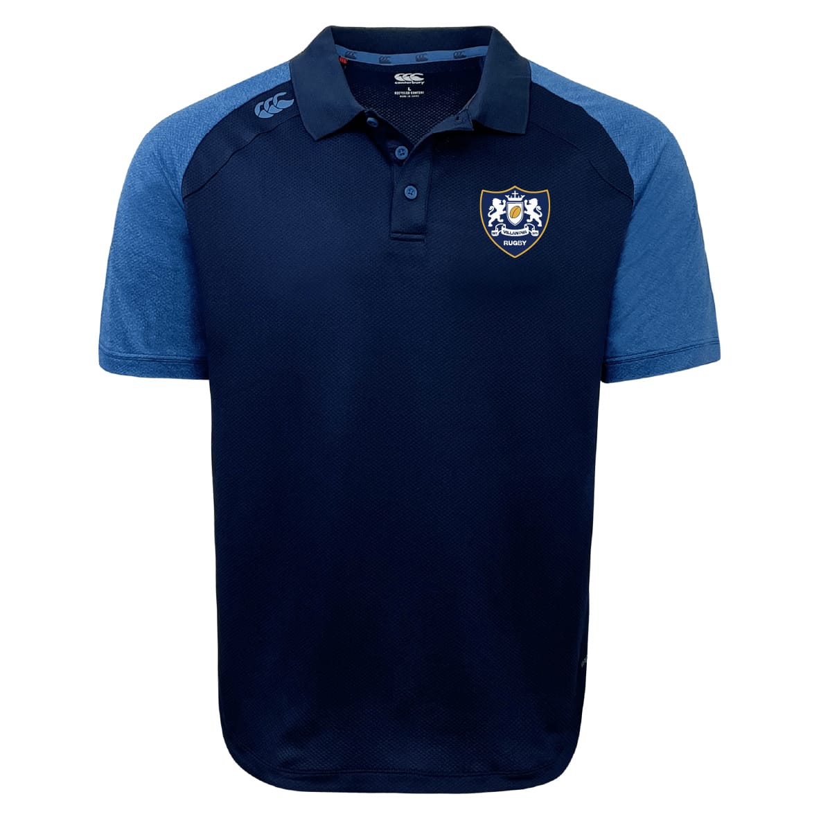 The Villanova Rugby Club Elite Polo by EMB Canterbury features navy and light blue colors, short sleeves, a collar, button placket, embroidered chest crest, logo on the shoulder, and lightweight Vapodri fabric for all-day comfort.