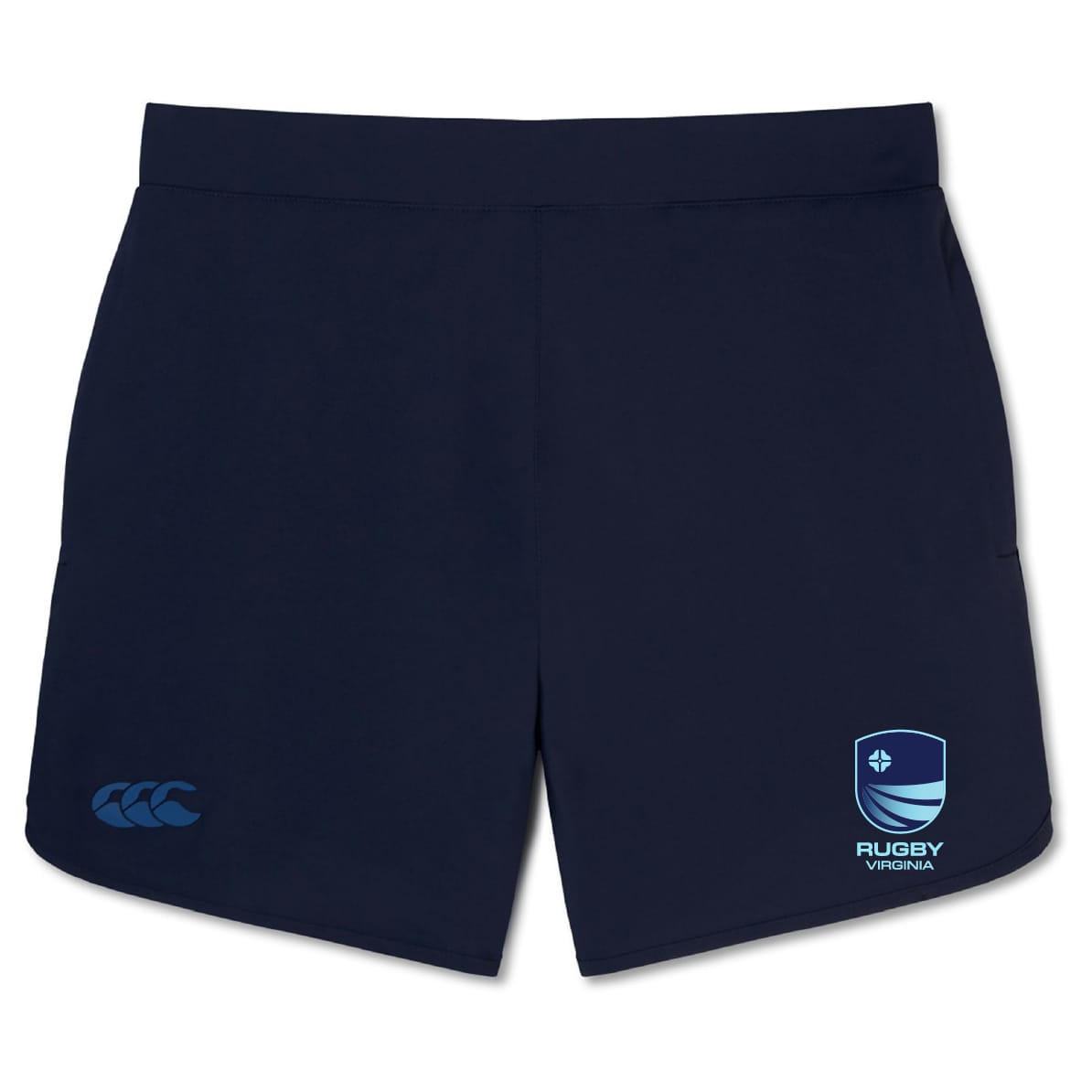 The Rugby VA Elite Woven Short by EMB Canterbury features a navy design, logo details on each leg, and zippered pockets—perfect training shorts for your active lifestyle.