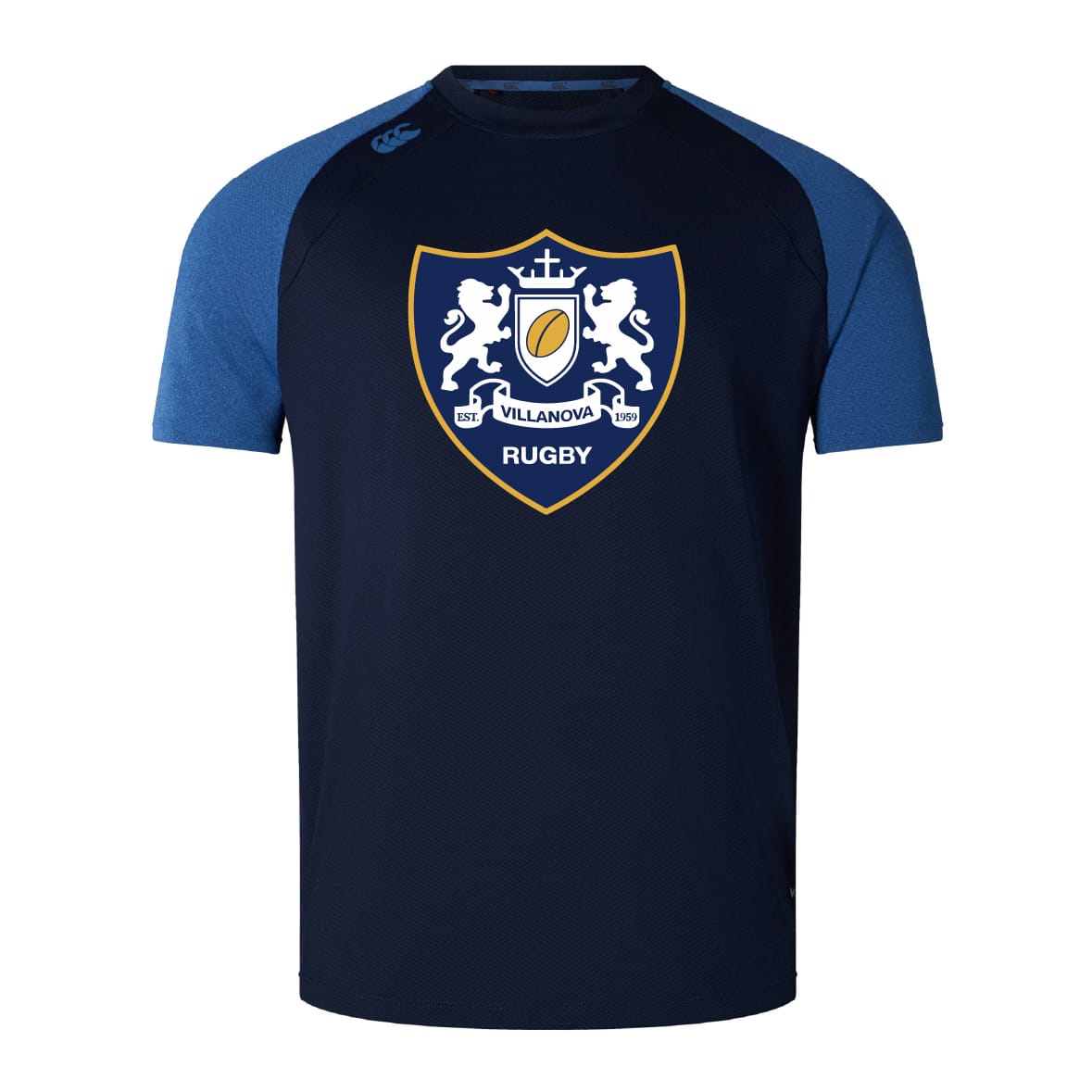 The Villanova Rugby Club Elite Training Tee by WRS Canterbury is a navy blue rugby shirt with blue sleeves, showcasing a large crest. Made from lightweight and durable Vapodri fabric for superior comfort during training.