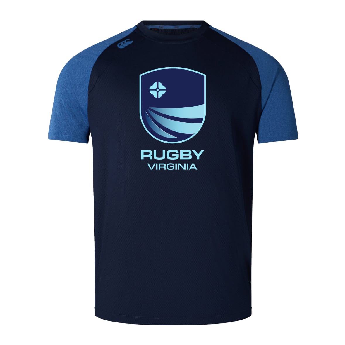 The Rugby VA Elite Training Tee by WRS Canterbury features lightweight, durable Vapodri fabric in navy blue with blue sleeves, and displays a large "Rugby Virginia" logo and emblem on the front.