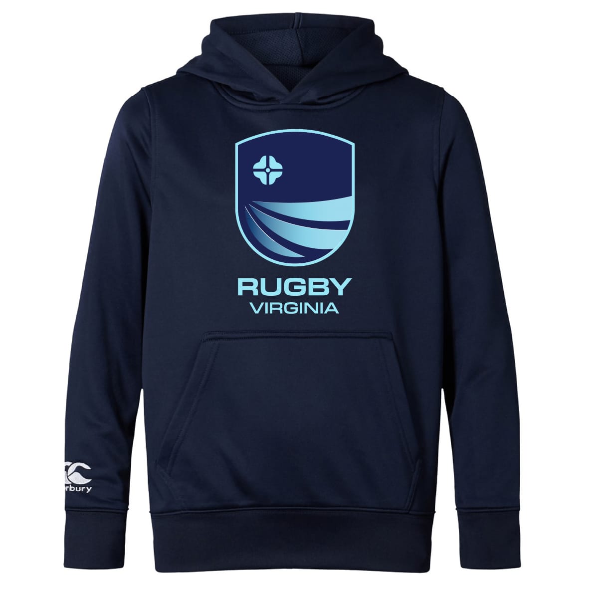 The Rugby VA Club Lightweight Hoodie by WRS Canterbury is navy blue, features a kangaroo pocket, a light blue "Rugby Virginia" logo and crest on the front, and a small white Canterbury Club logo on the left sleeve.