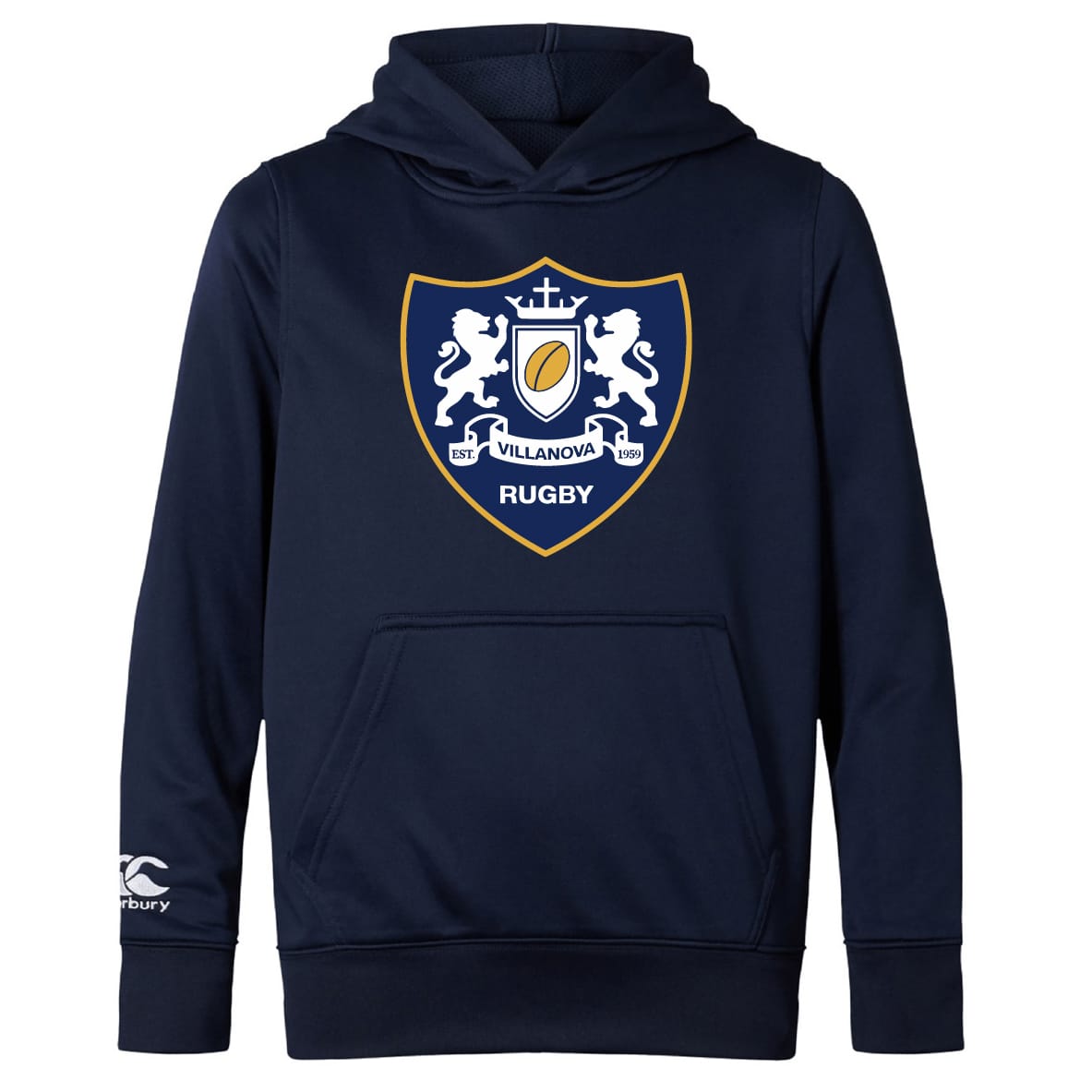 The Villanova Rugby Club Lightweight Hoodie by WRS Canterbury is a navy blue hoodie with the club crest on the chest and the Canterbury logo on the left sleeve.