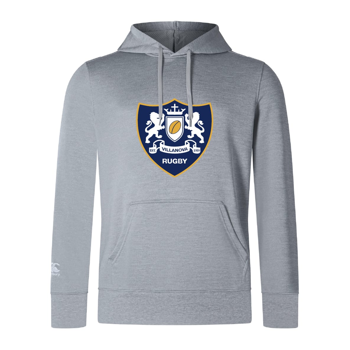 The Villanova Rugby Club Lightweight Hoodie by Canterbury from WRS Canterbury is light gray, features a large crest with two white lions on the chest, and includes a front kangaroo pocket.