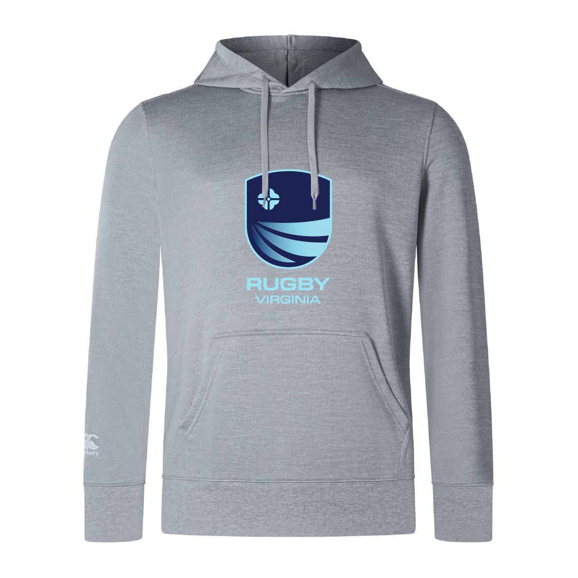 The Rugby VA Club Lightweight Hoodie by Canterbury from WRS Canterbury is a light gray hoodie with a blue "Rugby Virginia" logo and kangaroo pocket—ideal for Canterbury Club fans.