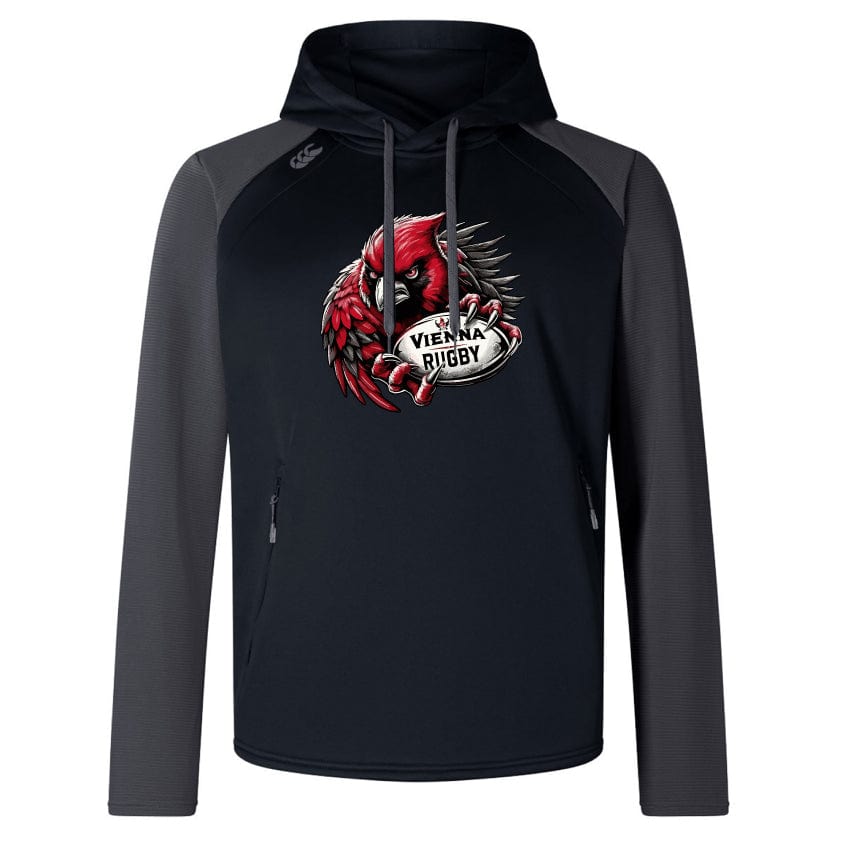 The Vienna Rugby Elite Training Hoody by WRS Canterbury features a black and gray design with "Vienna Rugby" text and a red bird holding a rugby ball on the front. Crafted from lower impact materials, it offers enhanced performance and comfort.