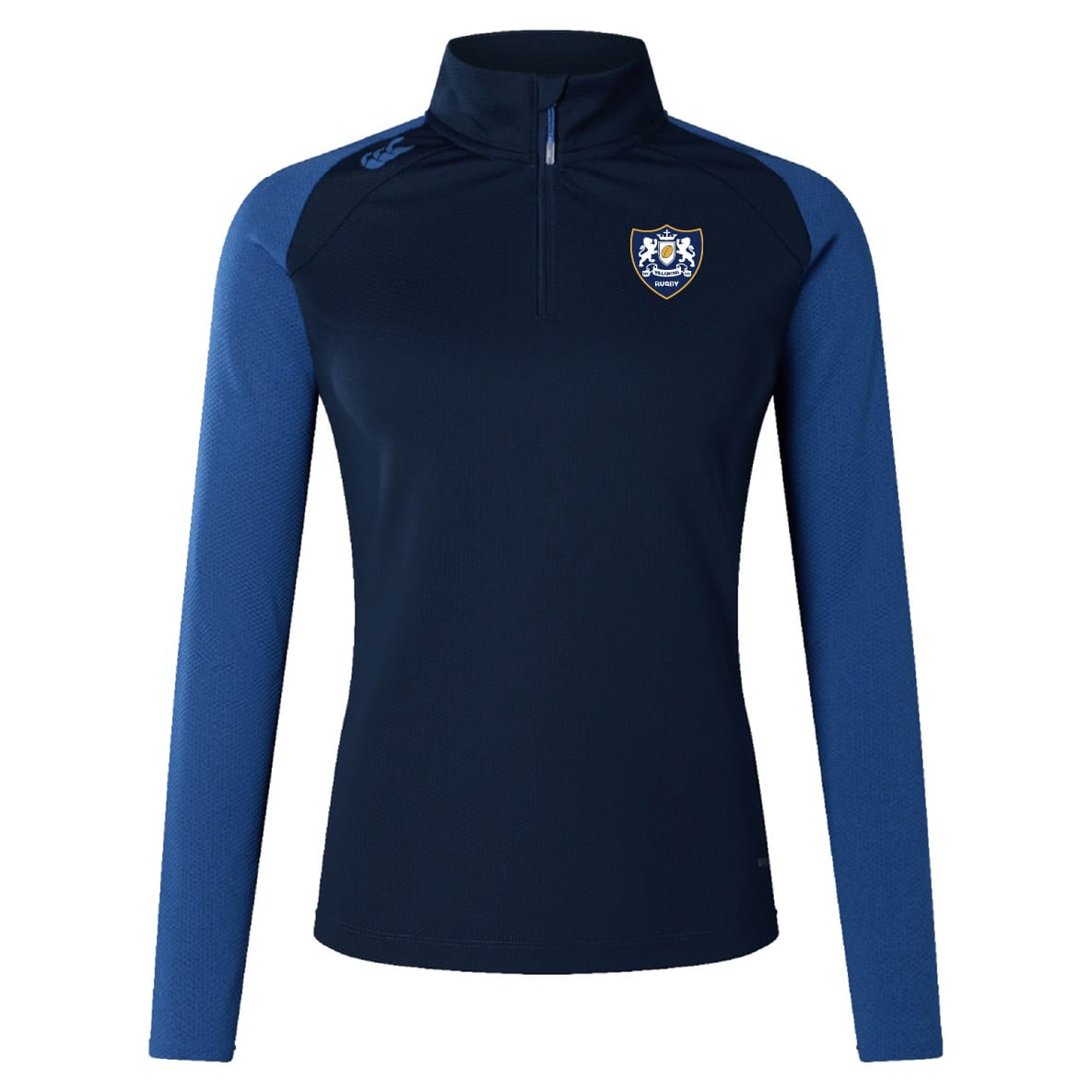 The Villanova Rugby Club Women's Elite First Layer by EMB Canterbury features navy and light blue, a quarter-zip collar, and a crest logo—perfect for training or as a sleek base layer.