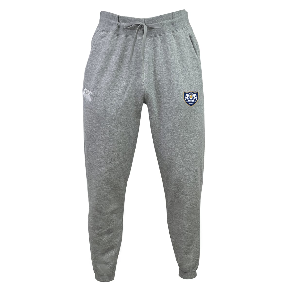 The Villanova Rugby Club Leisure Sweatpant by EMB Canterbury features recycled polyester fleece, an elastic waistband with drawstring, and two embroidered thigh logos. Displayed on a white background, these joggers are ideal for modern leisurewear.
