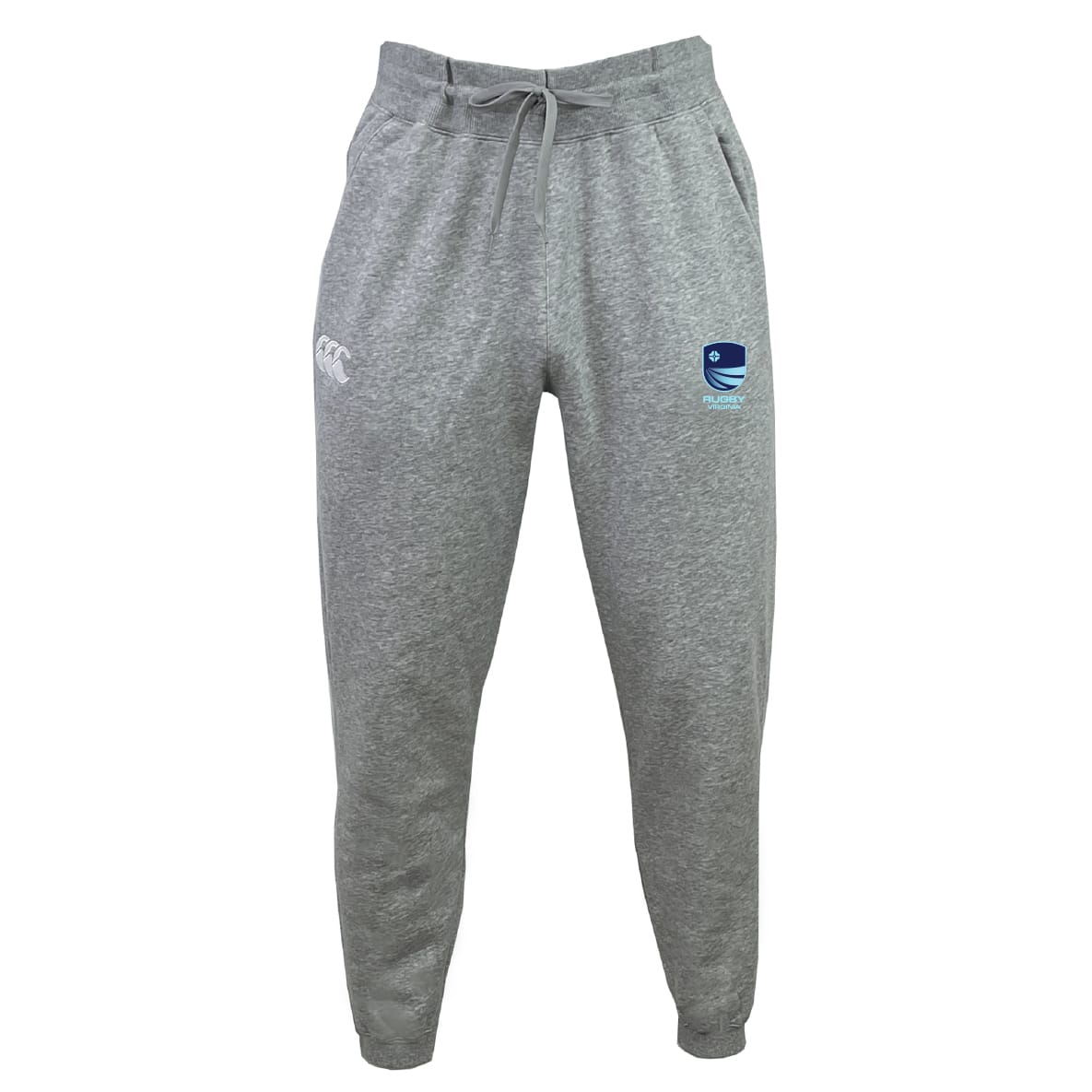 The EMB Canterbury Rugby VA Leisure Sweatpant features light grey organic cotton, a drawstring waist, two side pockets, and Canterbury logos on both thighs.