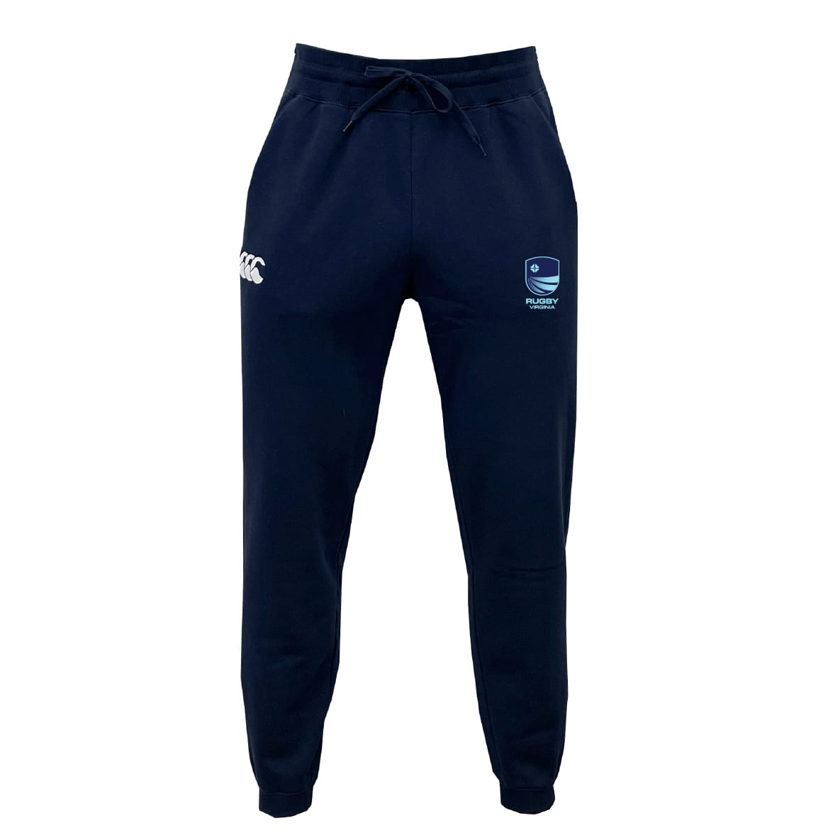 The Rugby VA Leisure Sweatpant by EMB Canterbury features a navy blue design, drawstring waist, white Canterbury logo on the left thigh, and rugby emblem on the right, combining comfort and style.
