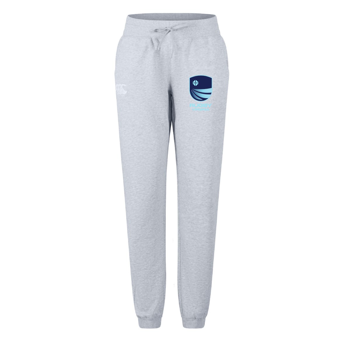 The EMB Canterbury Rugby VA Women's Leisure Sweatpant features light grey organic cotton, an elastic waistband, drawstring, and two printed thigh logos, inspired by classic Canterbury rugby apparel.