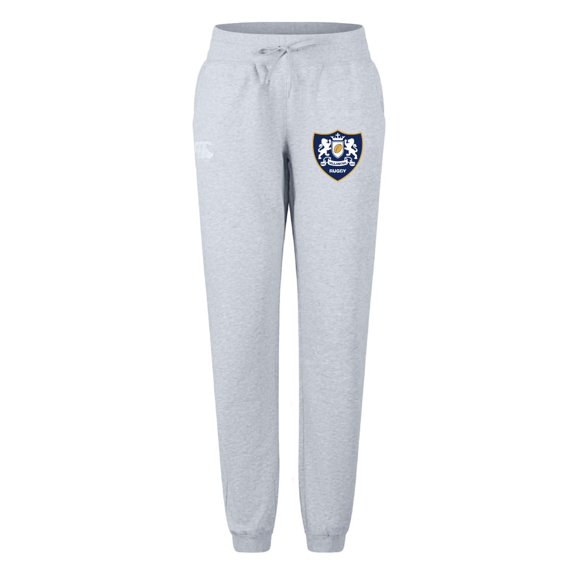 The Villanova Rugby Club Women's Leisure Sweatpant by EMB Canterbury features light grey organic cotton, a drawstring waist, ribbed cuffs, and a blue and white embroidered crest—ideal for relaxing or rugby training sessions.